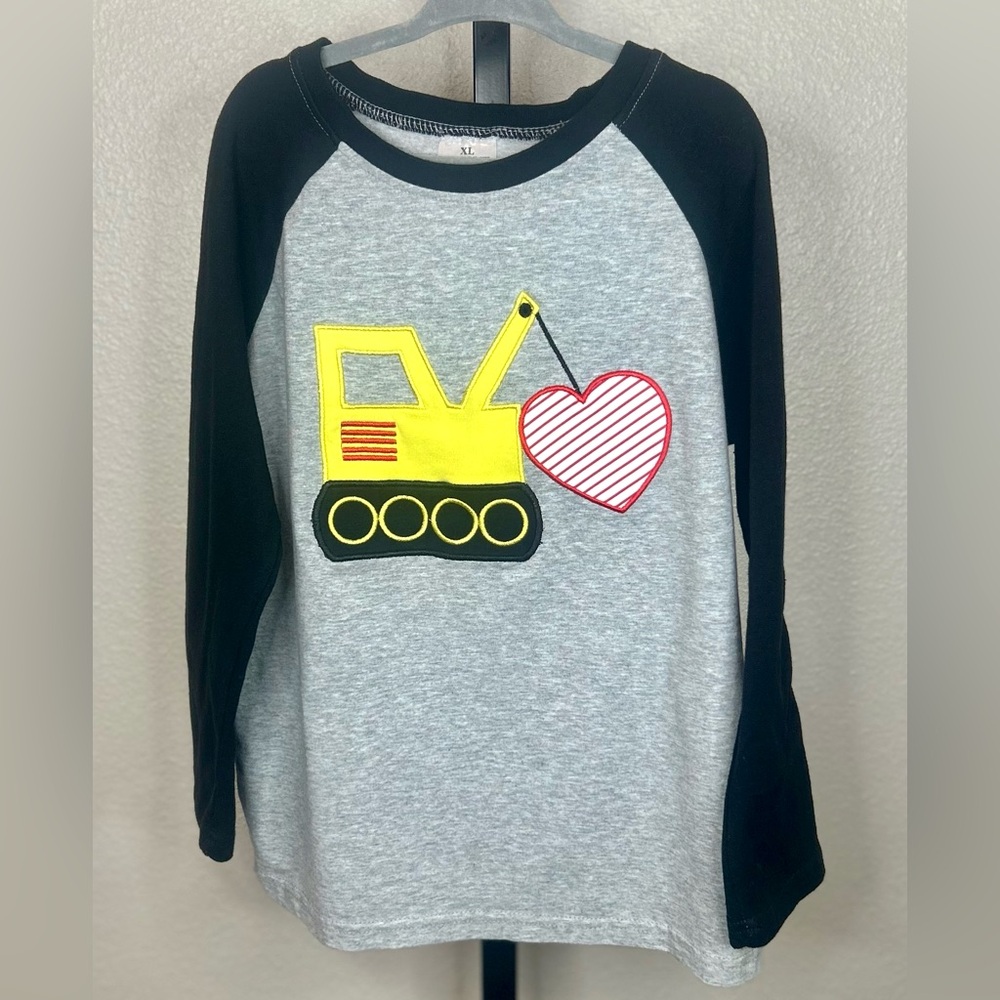 Kids Size XL Gray and Black Long Sleeve Shirt with Yellow Excavator Design